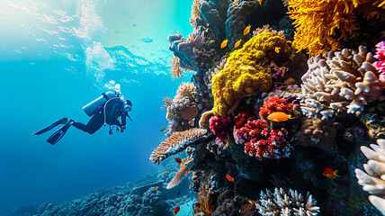 Beautiful colorful coral reef in tropical sea.nature environmental background.Coral bleaching with climate change concepts.summer and travel activity - obrazy, fototapety, plakaty