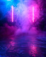 Empty Dark Stage with Neon Lights and Spotlights

