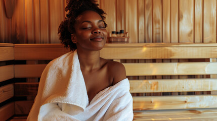 young black beautiful woman enjoying herself at the sauna.