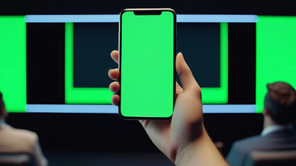 A smartphone with a bright green screen is held in a cinema-like setting with a large green screen