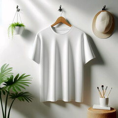 blank white t-shirt mockup hanging on a wall with a brown tag - Generative AI