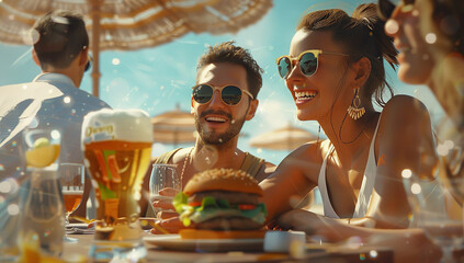 Happy friends are having lunch at the beach, enjoying a burger and beer on a table with summer food...