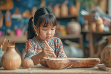 Close up portrait of a girl making crafts in a workshop, concept of children's leisure and hobby	
