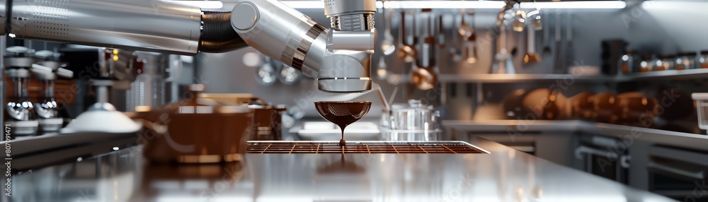 Poster capture the futuristic fusion of robotics and culinary arts with a low-angle view showcasing a sleek