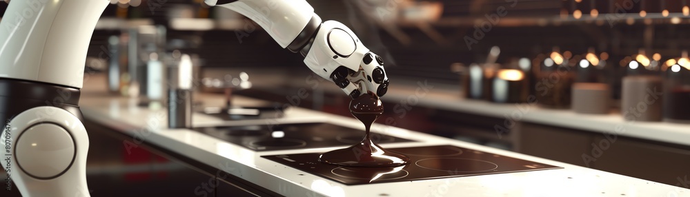 Aufkleber capture the futuristic fusion of robotics and culinary arts with a low-angle view showcasing a sleek