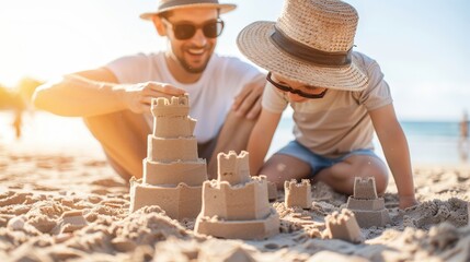   A man and a woman engage in play by the shore, building a sandcastle between them, facing the expansive ocean