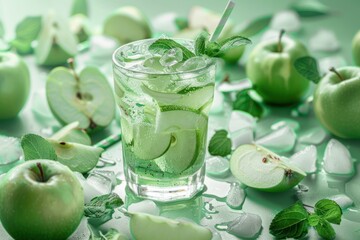 A refreshing green apple drink with mint and ice.