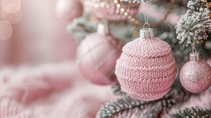   A pink Christmas ornament hangs from the tree, beside another - one pink and white