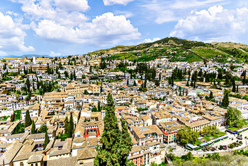 Views of the Albaicin neighborhood from the top of the Alhambra viewpoint in Granada, Spain