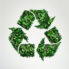 A green recycling symbol made of leaves and plant