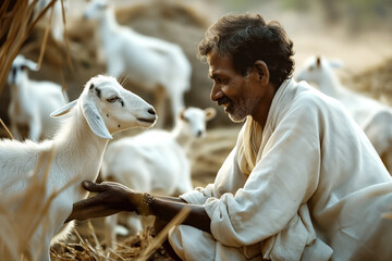 An Indian man caressing a lamb with his flock of sheep and goats for Eid al Adha mubarak, important Muslim festival celebration with the sacrifice of a lamb