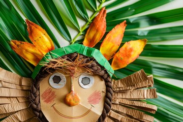 Cute local handmade wooden doll with floral headwear garland isolated on green leaves and tropical forest background. Smiling wooden islander doll.