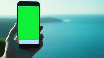 Hand holds a smartphone with a green screen over the tranquil sea, capturing the fusion of technology with serene water views. Perfect for showcasing mobile apps used in marine and travel industries