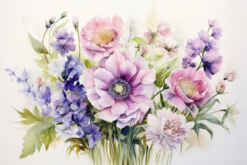Delicate watercolor of a vibrant summer bouquet, including scabiosa and snapdragons, painted in gentle pastels on a pristine white canvas ,  against pur white background