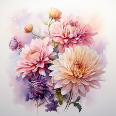 Ethereal arrangement of Chrysanthemum blooms in watercolor, soft hues capturing the essence of lasting happiness ,  watercolor painting