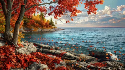 Vibrant autumn colors adorn the lakeside landscape, with bright red and orange leaves gently falling on the rocky shore under a clear sky. - Powered by Adobe