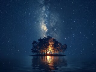 A secluded island under a vast starry sky features a glowing campfire amidst trees, casting reflections on the tranquil waters around it.