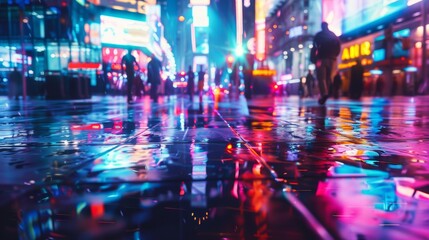 A vivid nighttime cityscape with neon lights reflecting off wet pavement, creating a colorful and dynamic urban atmosphere.
