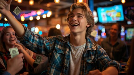   A young man brandishes bills before an assemblage at the illuminated bar, neon lights glowing behind