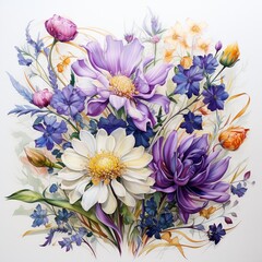 Contemporary botanical art of friendship flowers like freesias and asters, vibrant against a tranquil white canvas, symbolizing companionship ,  fresh and clean look
