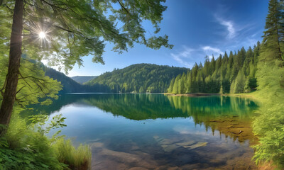 Serene lake surrounded by dense evergreen forest under clear blue sky
