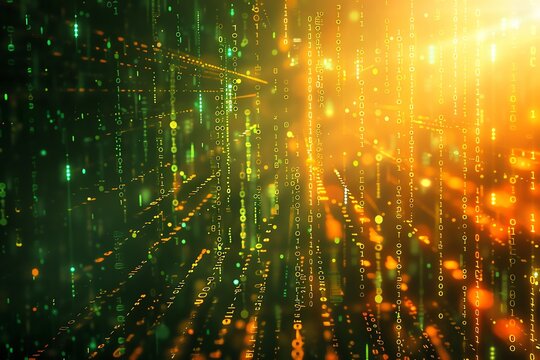 Streams of binary code pouring down in a matrix style with glows of green and amber on a shadowy background