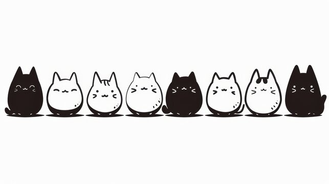   A line of cats seated next to one another against a white backdrop, with a black feline in the central position