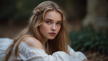 Naklejka premium Timeless Beauty: Breathtaking Portrait of a Radiant 21-Year-Old Woman
