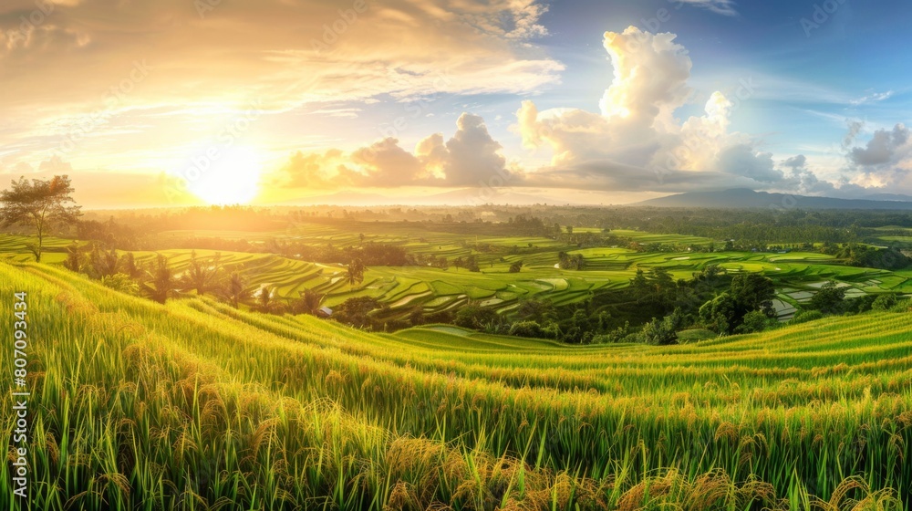 Poster A panoramic view of a rural countryside with rice fields stretching into the distance, illuminated by the soft light of the setting sun.
