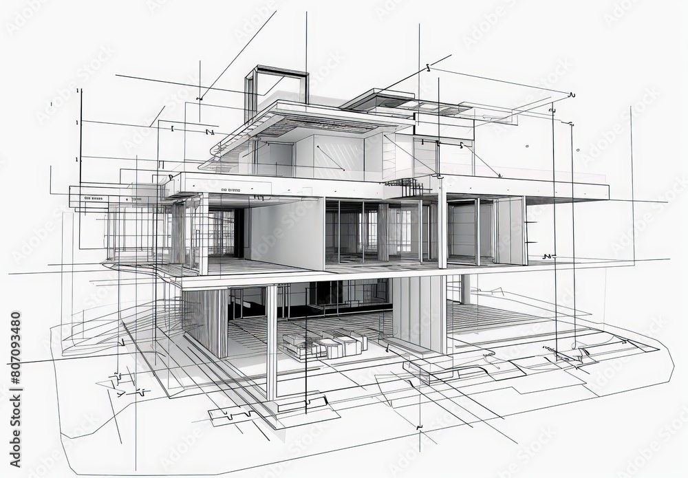 Wall mural Wireframe rendering of a contemporary house with technical details - Wall murals