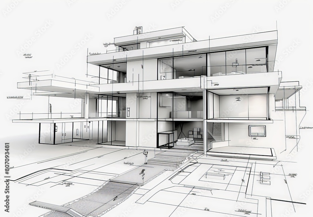 Poster wireframe rendering of a contemporary house with technical details