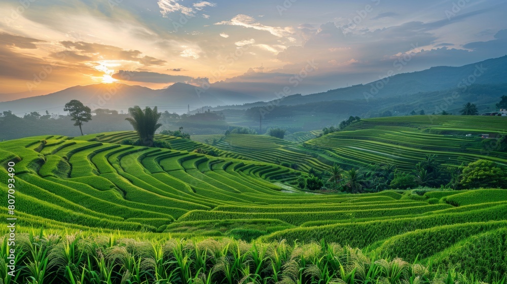 Poster A panoramic view of a rural countryside with rice fields stretching into the distance, illuminated by the soft light of the setting sun.