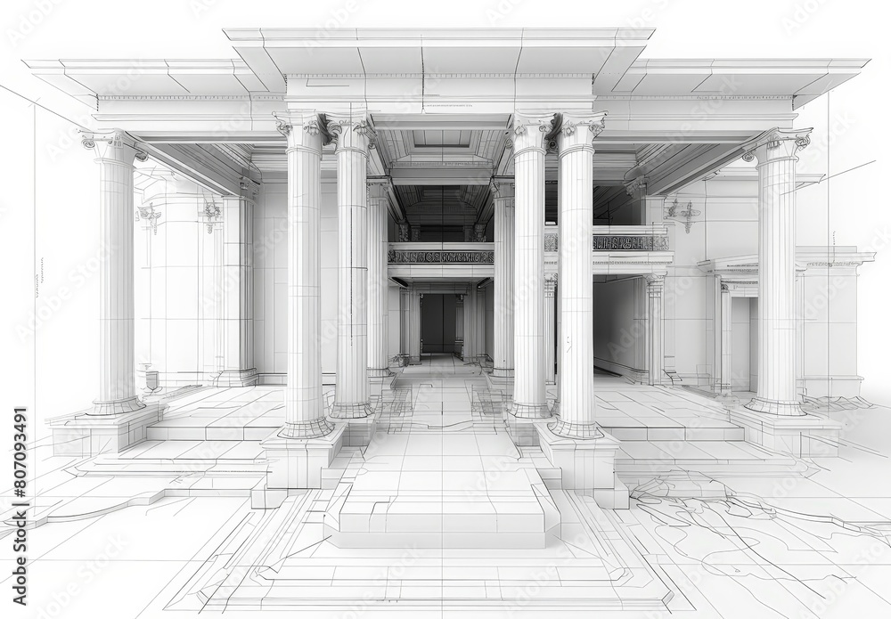 Poster Wireframe rendering of a contemporary house with technical details