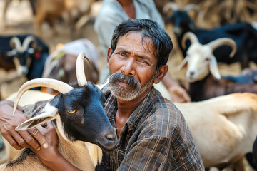 Portrait of an Indian man caressing a goat with his flock of sheep and goats for Eid al Adha...