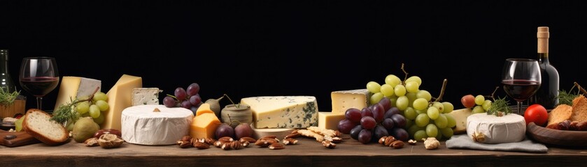 On a wooden table are different types of cheese, grapes, nuts and a bottle of red wine.