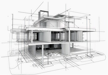 Wireframe rendering of a contemporary house with technical details