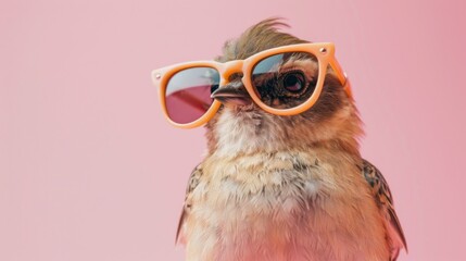 Obraz premium A stylish bird wearing glasses on pink background. Animal wearing sunglasses