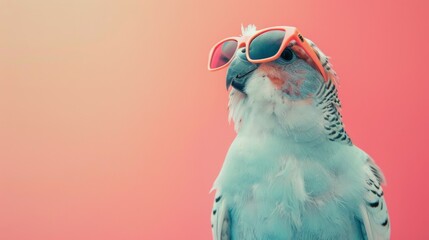 Obraz premium A stylish bird wearing glasses on pink background. Animal wearing sunglasses