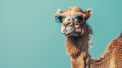 Fototapeta premium A stylish camel wearing glasses on blue background. Animal wearing sunglasses