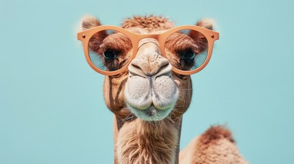 Obraz premium A stylish camel wearing glasses on blue background. Animal wearing sunglasses