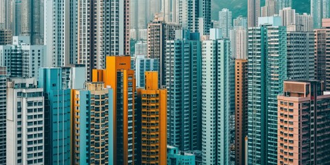 A vibrant urban jungle showcasing the packed architecture of a bustling metropolis with soaring skyscrapers