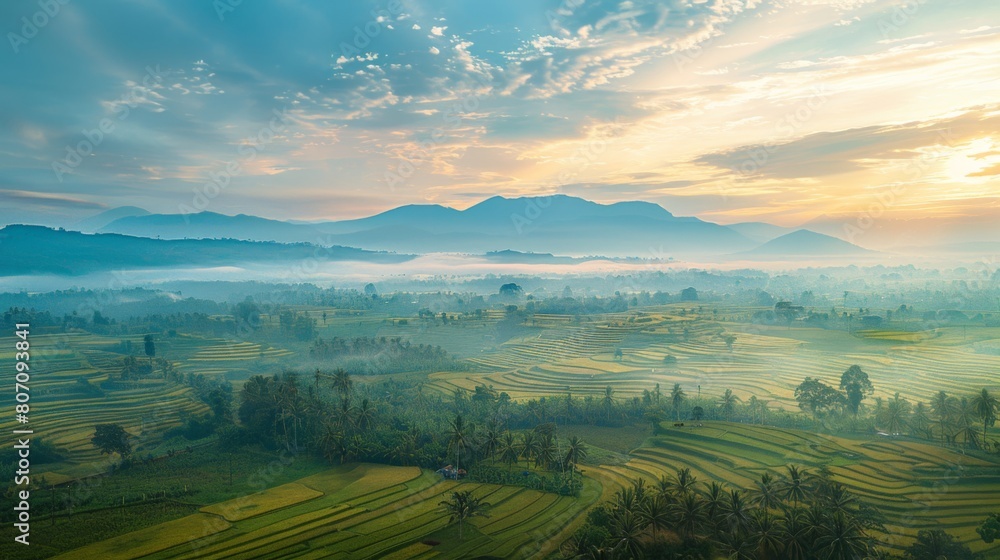 Poster A panoramic view of a rural countryside with rice fields stretching into the distance, illuminated by the soft light of the setting sun.