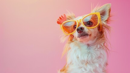 Obraz premium A stylish dog wearing glasses on pink background. Animal wearing sunglasses
