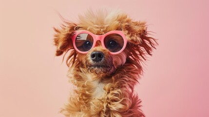 Obraz premium A stylish dog wearing glasses on pink background. Animal wearing sunglasses