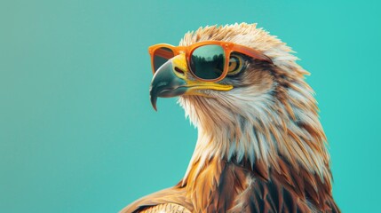 Obraz premium A stylish deagleog wearing glasses on blue background. Animal wearing sunglasses