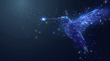 Hummingbird colibri flying bird from futuristic polygonal blue lines and glowing stars AI generate