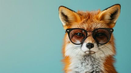 Obraz premium A stylish fox wearing glasses on blue background. Animal wearing sunglasses