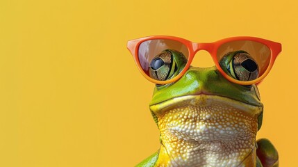 Obraz premium A stylish frog wearing glasses on yellow background. Animal wearing sunglasses
