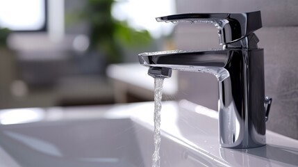 Close-up sink with faucet with running water in bright  bathroom	
