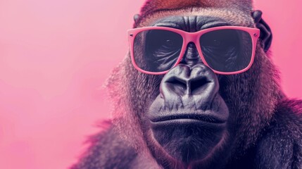 Obraz premium A stylish gorilla wearing glasses on pink background. Animal wearing sunglasses